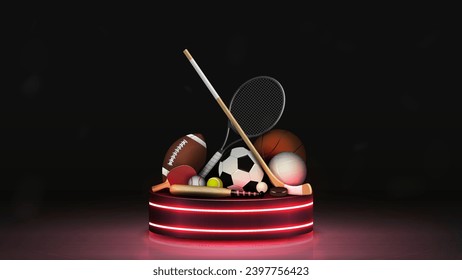 Vector 3d realistic balls for football, basketball, soccer, baseball, tennis and pinpong with rackets, stick and bat on a bright neon podium in red. A concept for sports betting.