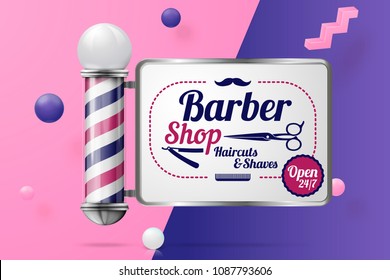 Escena abstracta del tubo de barbería 3d realista vectorial con texto y borde, bolas y objetos violeta, rosa y blanco.