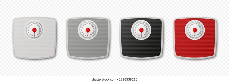 Vector 3d Realistic Bathroom Scales. Bathroom Body Weight Scales Icon Set Closeup Isolated in Front, Top View. Classic Retro Bathroom Floor Scale Design Template