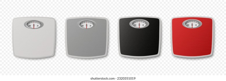 Vector 3d Realistic Bathroom Scales. Bathroom Body Weight Scales Icon Set Closeup Isolated in Front, Top View. Classic Retro Bathroom Floor Scale Design Template