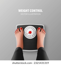 Vector 3d Realistic Bathroom Scales and Female Feet in Top View. Weight Control Concept Banner with Bathroom Body Weight Scales, Classic Retro Bathroom Floor Scale