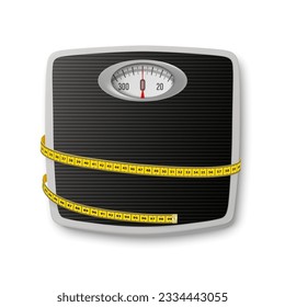 Vector 3d Realistic Bathroom Scales with Measuring Yellow Tape. Bathroom Body Weight Scales Closeup Isolated. Classic Retro Bathroom Floor Scale Design Template. The concept of Slimming, Weight Loss