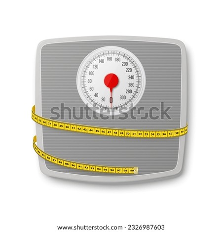 Vector 3d Realistic Bathroom Scales with Measuring Yellow Tape. Bathroom Body Weight Scales Closeup Isolated. Classic Retro Bathroom Floor Scale Design Template. The concept of Slimming, Weight Loss