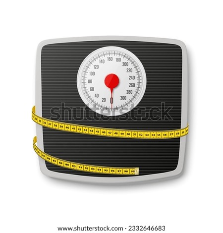 Vector 3d Realistic Bathroom Scales with Measuring Yellow Tape. Bathroom Body Weight Scales Closeup Isolated. Classic Retro Bathroom Floor Scale Design Template. The concept of Slimming, Weight Loss