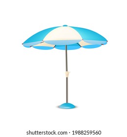 Vector 3d Realistic beach umbrella in blue, white striped with fringes.