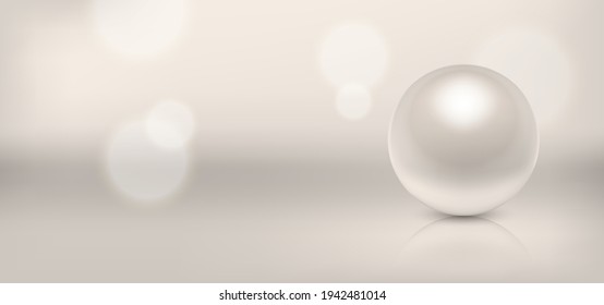 Vector 3d Realistic Beautiful Natural Pearl Closeup with Reflection on Blurred Muliticolor Background. Design Template of for Graphics. Cosmetic, Jewelry Concept. Front View