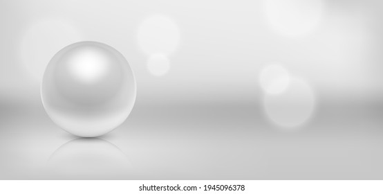 Vector 3d Realistic Beautiful Natural White Pearl Closeup with Reflection on Blurred Background. Design Template of for Graphics. Cosmetic, Jewelry Concept. Front View
