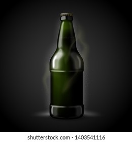 Vector 3d realistic beer bottle isolated on black background. Luxury mock-up for product package branding.