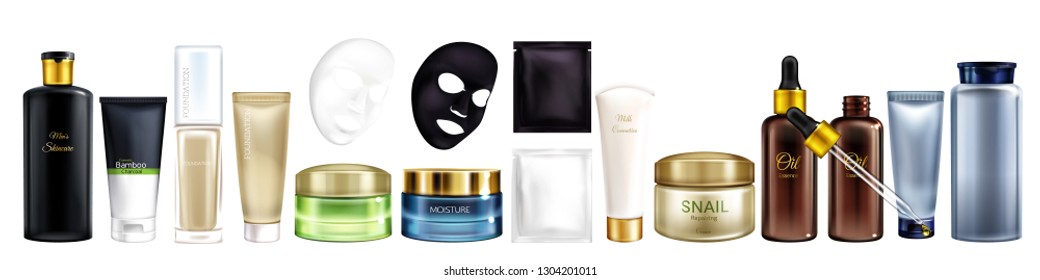 Vector 3d realistic big collection of cosmetic products - shampoo, moisturizing mask, foundation and others. Skincare set isolated on white background. Natural cosmetics for men and women, mock up.