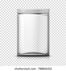 Vector 3d realistic big transparent glass jar on plaid background. Mock-up for product package branding.