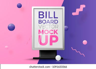Vector 3d realistic billboard abstract scene with text and border, violet, pink and white balls and objects.