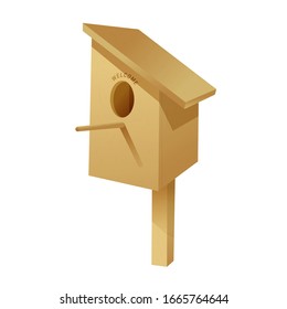 Vector 3D realistic birdhouse from natural wood. Handmade house for birds.  Environmentally friendly housing for migratory and wintering birds. Ecological housing.  Vector illustration
