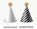 Vector 3d Realistic Birthday Party Hat Icon Set Isolated. Party Cap Design Template for Party Banner, Greeting Card. Holiday Hats, Cone Shape, Front View