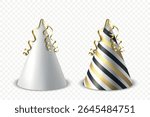 Vector 3d Realistic Birthday Party Hat Icon Set Isolated. Party Cap Design Template for Party Banner, Greeting Card. Holiday Hats, Cone Shape, Front View