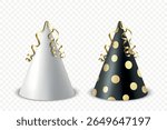 Vector 3d Realistic Birthday Party Hat Icon Set Isolated. Party Cap Design Template for Party Banner, Greeting Card. Holiday Hats, Cone Shape, Front View