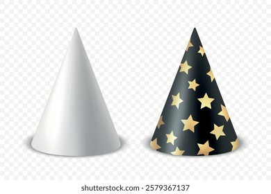 Vector 3d Realistic Birthday Party Hat Icon Set Isolated. Party Cap Design Template for Party Banner, Greeting Card. Holiday Hats, Cone Shape, Front View