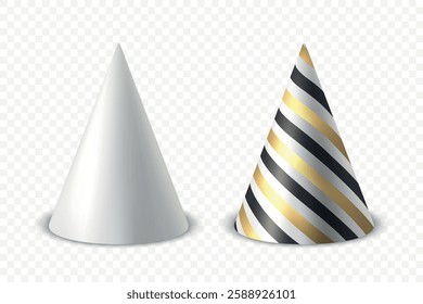 Vector 3d Realistic Birthday Party Hat Icon Set Isolated. Party Cap Design Template for Party Banner, Greeting Card. Holiday Hats, Cone Shape, Front View