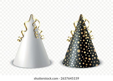 Vector 3d Realistic Birthday Party Hat Icon Set Isolated. Party Cap Design Template for Party Banner, Greeting Card. Holiday Hats, Cone Shape, Front View