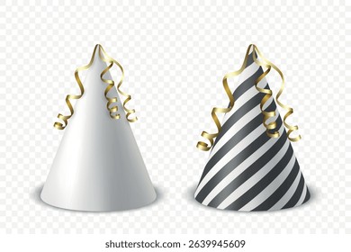 Vector 3d Realistic Birthday Party Hat Icon Set Isolated. Party Cap Design Template for Party Banner, Greeting Card. Holiday Hats, Cone Shape, Front View