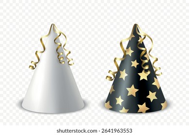 Vector 3d Realistic Birthday Party Hat Icon Set Isolated. Party Cap Design Template for Party Banner, Greeting Card. Holiday Hats, Cone Shape, Front View