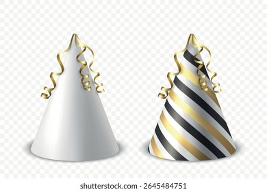 Vector 3d Realistic Birthday Party Hat Icon Set Isolated. Party Cap Design Template for Party Banner, Greeting Card. Holiday Hats, Cone Shape, Front View