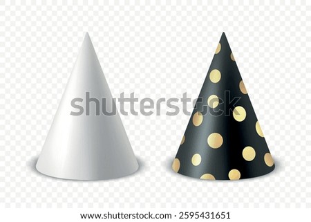 Vector 3d Realistic Birthday Party Hat Icon Set Isolated. Party Cap Design Template for Party Banner, Greeting Card. Holiday Hats, Cone Shape, Front View
