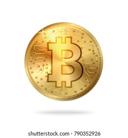 Vector 3D realistic Bitcoin coin.  Bright golden coin with bitcoin symbol and digital pattern isolated on white background. 