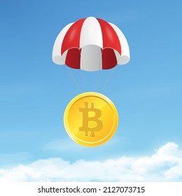 Vector 3d Realistic Bitcoin with Parachute in Sky. Rising Price of Bitcoin, Web banner of Blockchain Technology, Bitcoin, Altcoins, Cryptocurrency Mining, Finance, Digital Money Market