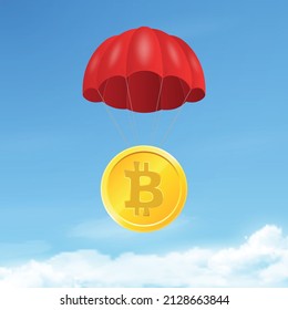 Vector 3d Realistic Bitcoin with Parachute in Sky. Rising Price of Bitcoin, Web banner of Blockchain Technology, Bitcoin, Altcoins, Cryptocurrency Mining, Finance, Digital Money Market