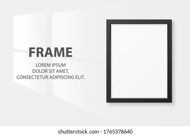 Vector 3d Realistic Black A4 Wooden Simple Modern Frame Icon Closeup Isolated on White Wall Background with Window Light. It can be used for presentations. Design Template, Mockup, Front View