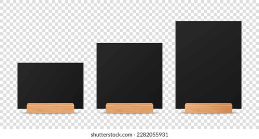 Vector 3d Realistic Black A4, A5 Vertical, Horizontal and Square Blank Paper Sheet, Card on Wooden Holder, Stand. Design Template for Mockup, Menu Frame, Booklets. Acrylic Tent Card. Front View