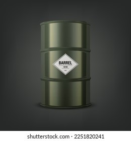 Vektor 3d realistisches Schwarzes Fass auf schwarzem Hintergrund, Hazard Liquid. Vorsicht, radioaktive, gefährliche chemische Stoffe, giftige Verschmutzung, Gefährdung des Barrel, Nahaufnahme. Vorderansicht
