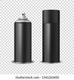 Vector 3d Realistic Black Blank Spray Can, Spray Bottle with Cap Closeup Isolated on Transparent Background. Design Template of Sprayer Can for Mock up, Package, Advertising, Hairspray, Deodorant etc