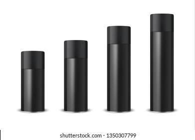 Vector 3d Realistic Black Blank Spray Can, Spray Bottle with Cap Set Closeup Isolated on White Background. Design Template of Sprayer Can for Mock up, Package, Advertising, Hairspray, Deodorant etc