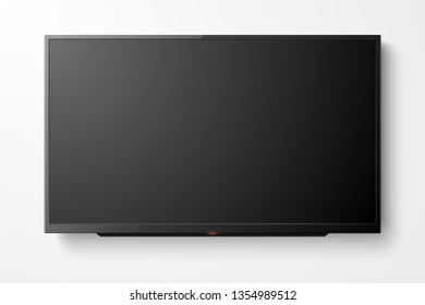 Vector 3d Realistic Black Blank TV Screen. Modern LCD LED Panel Set Closeup Isolated On White Background. Design Template Of Large Computer Monitor Display For Mockup