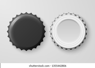 Vector 3d Realistic Black Blank Beer Bottle Cap Set Closeup Isolated on White Background. Design Template for Mock up, Package, Advertising. Top and Bottom View