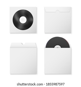 Vector 3d Realistic Black Blank CD, DVD and Paper Closed and Opened Envelope with Window, Cover Set Isolated on White Background. Front and Back, Top View. Design Template of Packaging for Mockup