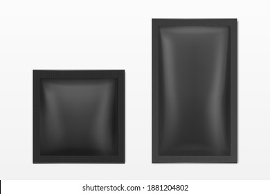 Vector 3d Realista Negro Blank Empaquetado Icono Cierre Aislado. Café, Té, Sal, Azúcar, especias, Wet Wipes Wrapper, Sobre. Plantilla de diseño de empaquetado para la recogida. Vista superior
