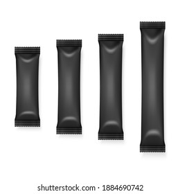 Vector 3d Realistic Black Blank Packaging Icon Set Closeup Isolated on White Background. Coffee, Tea, Salt, Sugar, Spices Wrapper, Sachet. Design Template of Packing for Mockup. Top View