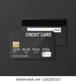 Vector 3d Tarjeta de crédito Black Blank Realista Aislada. Plantilla de diseño de tarjeta de crédito o débito plásticos para la mezcla, la promoción de marca. Concepto de pago con tarjeta de crédito. Parte delantera y trasera