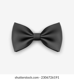 Vector 3d Realistic Black Bow Tie Icon Closeup Isolated on White Background. Silk Glossy Bowtie, Tie Gentleman. Mockup, Design Template. Bow tie for Man. Mens Fashion, Fathers Day Holiday