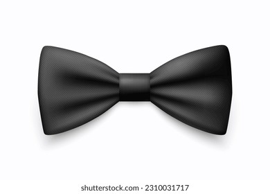 Vector 3d Realistic Black Bow Tie Icon Closeup Isolated on White Background. Silk Glossy Striped Bowtie, Tie Gentleman. Mockup, Design Template. Bow tie for Man. Mens Fashion, Fathers Day Holiday