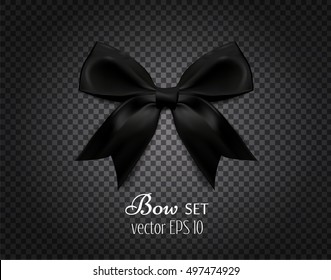 Vector 3d Realistic black bow on a dark transparent background .Elegant Element for design, decoration. Banner, poster, print, presentation, business card, invitation, greeting card object