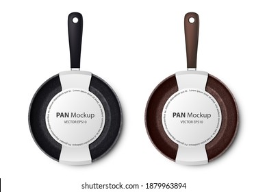 Vector 3d Realistic Black and Brown Empty Frying Pan with Paper Label Set Closeup Isolated on White Background. Design Template for Mockup. Top View