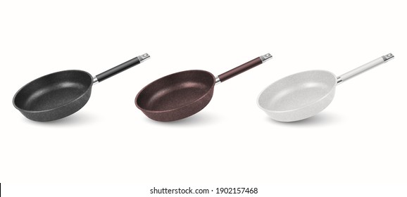 Vektor 3d realistisches Schwarz, Braun, Weiß Leeres Frittierpfanne Symbol einzeln auf weißem Hintergrund. Vorlage designen, hochschieben