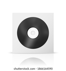 Vector 3d Realistic Black CD, DVD in Closed Paper, Plastic Case, Package, Envelope with Window Closeup Isolated on White Background. Design Template for Mockup, Copy Space. Front View