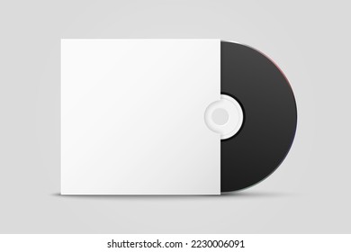 Vector 3d Realistic Black CD, DVD with Paper Cover, Envelope, Case Isolated. CD Box, Packaging Design Template for Mockup. Compact Disk Icon, Front View