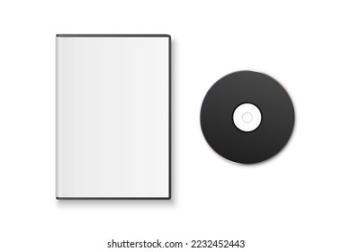 Vector 3d Realistic Black CD, DVD with Plastic Cover, Envelope, Case Isolated. CD Box, Packaging Design Template for Mockup. Compact Disk Icon, Top View