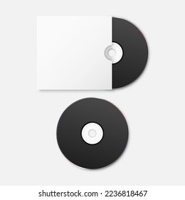 Vector 3d Realistic Black CD, DVD with Square Paper Cover, Envelope, Case Isolated. CD Box, Packaging Design Template for Mockup. Compact Disk Icon, Top View