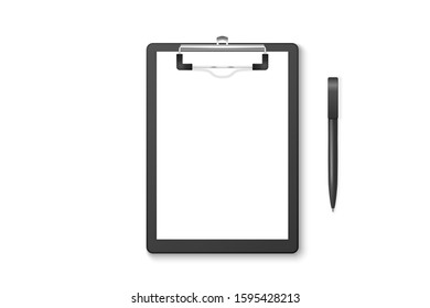 Vector 3d Realistic Black Clipboard with Blank Paper, Metal Clip, Automatic Pen Set Closeup Isolated on White Background. Design Template for Notes, Mockup, Checklist, Questionnaire, Reminders